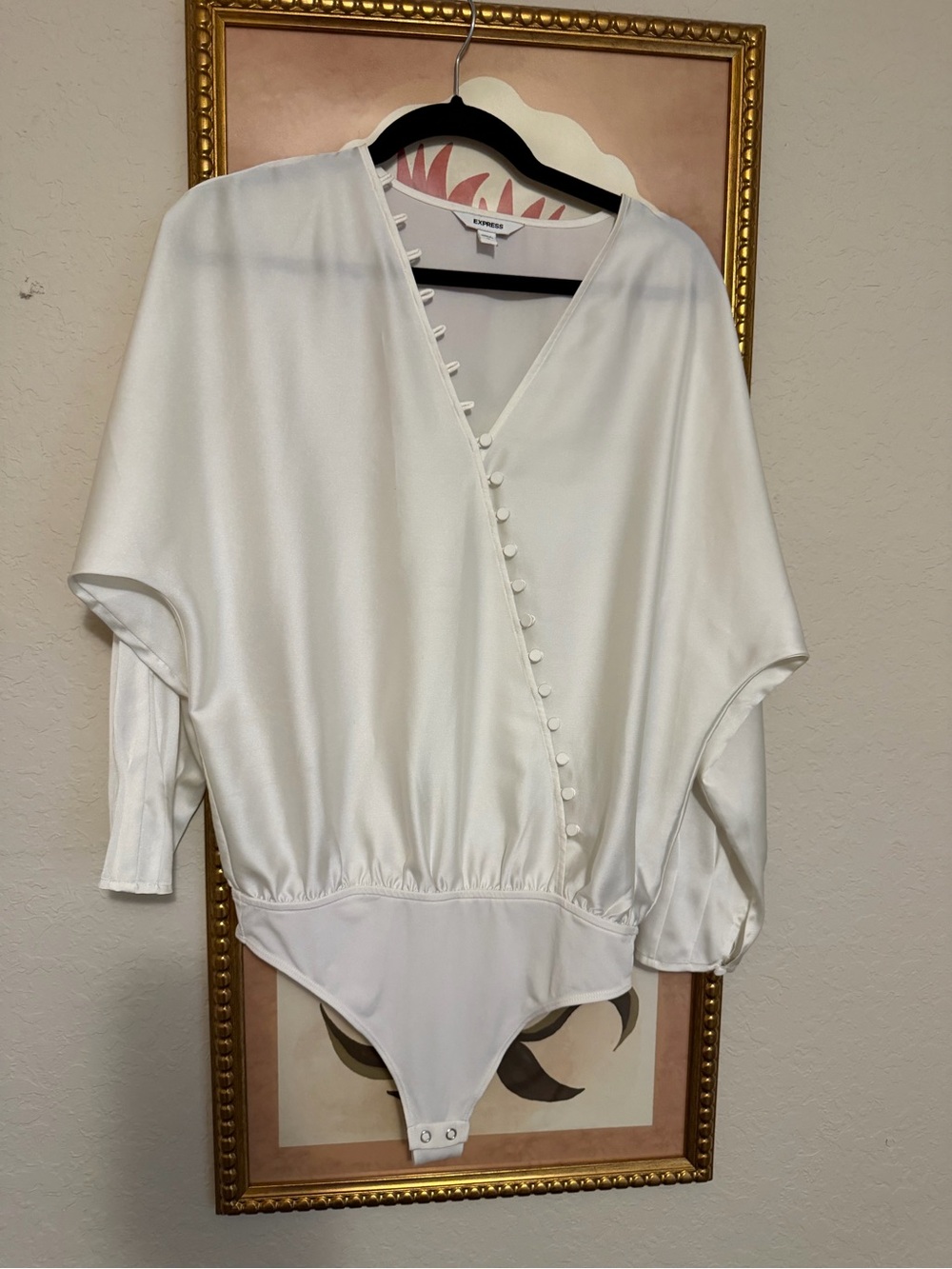 Express White Satin V-Neck Button-Front Dolman Bodysuit
